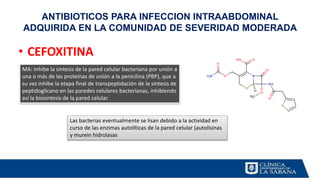 ANTIBIOTICOS PARA INFECCION INTRAABDOMINAL
ADQUIRIDA EN LA COMUNIDAD DE SEVERIDAD MODERADA
• CEFOXITINA
MA: Inhibe la síntesis de la pared celular bacteriana por unión a
una o más de las proteínas de unión a la penicilina (PBP), que a
su vez inhibe la etapa final de transpeptidación de la síntesis de
peptidoglicano en las paredes celulares bacterianas, inhibiendo
así la biosíntesis de la pared celular.
Las bacterias eventualmente se lisan debido a la actividad en
curso de las enzimas autolíticas de la pared celular (autolisinas
y murein hidrolasas
 