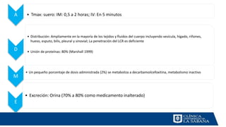 A • Tmax: suero: IM: 0,5 a 2 horas; IV: En 5 minutos
D
• Distribución: Ampliamente en la mayoría de los tejidos y fluidos del cuerpo incluyendo vesícula, hígado, riñones,
hueso, esputo, bilis, pleural y sinovial; La penetración del LCR es deficiente
• Unión de proteínas: 80% (Marshall 1999)
M
• Un pequeño porcentaje de dosis administrada (2%) se metaboliza a decarbamoilcefoxitina, metabolismo inactivo
E
• Excreción: Orina (70% a 80% como medicamento inalterado)
 