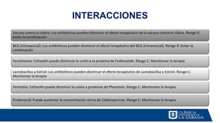INTERACCIONES
Vacuna contra el cólera: Los antibióticos pueden disminuir el efecto terapéutico de la vacuna contra el cólera. Riesgo X:
Evitar la combinación.
BCG (Intravesical): Los antibióticos pueden disminuir el efecto terapéutico del BCG (Intravesical). Riesgo X: Evitar la
combinación
Fenotionína: CeFazolin puede disminuir la unión a la proteína de Fosfenotide. Riesgo C: Monitorear la terapia
Lactobacillus y Estriol: Los antibióticos pueden disminuir el efecto terapéutico de Lactobacillus y Estriol. Riesgo C:
Monitorear la terapia
Fenitoína: CeFazolin puede disminuir la unión a proteínas de Phenytoin. Riesgo C: Monitorear la terapia
Probenecid: Puede aumentar la concentración sérica de Cefalosporinas. Riesgo C: Monitorear la terapia
 