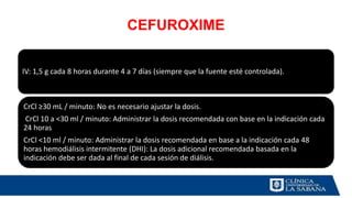 CEFUROXIME
IV: 1,5 g cada 8 horas durante 4 a 7 días (siempre que la fuente esté controlada).
CrCl ≥30 mL / minuto: No es necesario ajustar la dosis.
CrCl 10 a <30 ml / minuto: Administrar la dosis recomendada con base en la indicación cada
24 horas
CrCl <10 ml / minuto: Administrar la dosis recomendada en base a la indicación cada 48
horas hemodiálisis intermitente (DHI): La dosis adicional recomendada basada en la
indicación debe ser dada al final de cada sesión de diálisis.
 