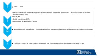 A • Tmax : 1 hora
D
•
• Penetra bien en los líquidos y tejidos corporales, incluidos los líquidos peritoneales y retroperitoneales, la vesícula
biliar, la bilis y la orina
• Vd: 16,8 L
• Unión a proteínas: 8,1%
• Eliminación de la semivida: ~ 1 hora
M
• Metabolismo no mediado por CYP mediante hidrólisis por deshidropeptidasa-I a doripenem-M1 (metabolito inactivo)
E • Excreción: Orina (71% como fármaco inalterado, 15% como metabolito de doripenem-M1); Heces (<1%).
 