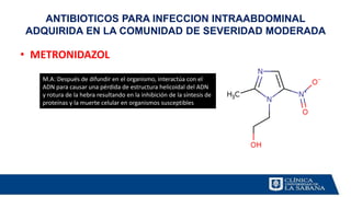 • METRONIDAZOL
ANTIBIOTICOS PARA INFECCION INTRAABDOMINAL
ADQUIRIDA EN LA COMUNIDAD DE SEVERIDAD MODERADA
M.A: Después de difundir en el organismo, interactúa con el
ADN para causar una pérdida de estructura helicoidal del ADN
y rotura de la hebra resultando en la inhibición de la síntesis de
proteínas y la muerte celular en organismos susceptibles
 