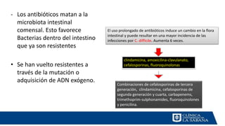 - Los antibióticos matan a la
microbiota intestinal
comensal. Esto favorece
Bacterias dentro del intestino
que ya son resistentes
• Se han vuelto resistentes a
través de la mutación o
adquisición de ADN exógeno.
clindamicina, amoxicilina-clavulanato,
cefalosporinas, fluoroquinolonas
El uso prolongado de antibióticos induce un cambio en la flora
intestinal y puede resultar en una mayor incidencia de las
infecciones por C. difficile. Aumenta 6 veces.
Combinaciones de cefalosporinas de tercera
generación, clindamicina, cefalosporinas de
segunda generación y cuarta, carbapenems,
trimethoprim-sulphonamides, fluoroquinolones
y penicilina.
 