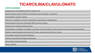 TICARCILINA/CLAVULONATO
Cardiovascular: tromboflebitis local (con inyección IV)
Sistema nervioso central: Confusión, somnolencia, dolor de cabeza, convulsiones
Dermatológico: erupción cutánea
Endocrino y metabólico: Trastornos electrolíticos, hipernatremia, hipopotasemia
Gastrointestinal: diarrea por Clostridium difficile, diarrea, náuseas
Genitourinario: Proteinuria (falso positivo)
Hematológico y oncológico: hemorrágica, eosinofilia, anemia hemolítica, prueba positiva directa de Coombs (falso positivo)
Hepática: hepatotoxicidad, aumento de la ALT sérica, aumento de la AST sérica, ictericia
Inmunología: reacción de Jarisch Herxheimer
Infección: Superinfección (fúngica o bacteriana)
Renal: Nefritis intersticial (aguda)
Varios: Anafilaxis
EFECTOS ADVERSOS
 