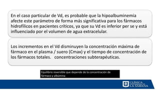En el caso particular de Vd, es probable que la hipoalbuminemia
afecte este parámetro de forma más significativa para los fármacos
hidrofílicos en pacientes críticos, ya que su Vd es inferior per se y está
influenciado por el volumen de agua extracelular.
Los incrementos en el Vd disminuyen la concentración máxima de
fármaco en el plasma / suero (Cmax) y el tiempo de concentración de
los fármacos totales. concentraciones subterapéuticas.
Equilibrio reversible que depende de la concentración de
fármaco y albúmina
 