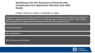 Estudio prospectivo, multicentrico de adultos con infección intraabdominal complicada para comparar
la eficacia y seguridad de moxifloxacina IV u oral 400 mg al dia vs ceftriazona 2 gr dia + metronidazol
500 mg cada 8 horas, seguido de amoxicilina/ clavulonato 625 mg cada 8 horas.
Total: 595 pacientes
246 moxifloxacina
265 ceftriaxona/metronidazol
 