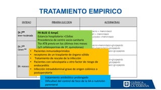 TRATAMIENTO EMPIRICO
FR BLEE O AmpC
Estancia hospitalaria >15días
Procedencia de centro socio-sanitario
Tto ATB previo en los últimos tres meses
(s/t cefalosporinas de 3ª, quinolonas)
• Pacientes inmunodeprimidos
• receptores de un trasplante de órgano sólido
• Tratamiento de rescate de la infección
• Pacientes con valvulopatía u otro factor de riesgo de
endocarditis
• Infección intraabdominal grave de origen colónico o
postoperatoria
- tratamiento antibiótico prolongado
- Dificultad del control de foco de la IIA o nutrición
parenteral
 
