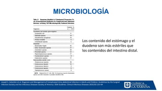 MICROBIOLOGÍA
Los contenido del estómago y el
duodeno son más estériles que
los contenidos del intestino distal.
Joseph S. Solomkin et al. Diagnosis and Management of Complicated Intra-abdominal Infection in Adults and Children: Guidelines by the Surgical
Infection Society and the Infectious Diseases Society of America. IDSA Guidines. Clinical Infectious Diseases 2010;50:133–64
 