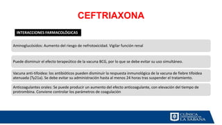 CEFTRIAXONA
Aminoglucósidos: Aumento del riesgo de nefrotoxicidad. Vigilar función renal
Puede disminuir el efecto terapeútico de la vacuna BCG, por lo que se debe evitar su uso simultáneo.
Vacuna anti-tifoidea: los antibióticos pueden disminuir la respuesta inmunológica de la vacuna de fiebre tifoidea
atenuada (Ty21a). Se debe evitar su administración hasta al menos 24 horas tras suspender el tratamiento.
Anticoagulantes orales: Se puede producir un aumento del efecto anticoagulante, con elevación del tiempo de
protrombina. Conviene controlar los parámetros de coagulación
INTERACCIONES FARMACOLÓGICAS
 