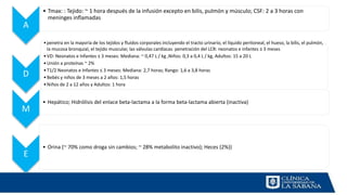 A
• Tmax: : Tejido: ~ 1 hora después de la infusión excepto en bilis, pulmón y músculo; CSF: 2 a 3 horas con
meninges inflamadas
D
•penetra en la mayoría de los tejidos y fluidos corporales incluyendo el tracto urinario, el líquido peritoneal, el hueso, la bilis, el pulmón,
la mucosa bronquial, el tejido muscular, las válvulas cardíacas penetración del LCR: neonatos e infantes ≤ 3 meses
•VD: Neonatos e Infantes ≤ 3 meses: Mediana: ~ 0,47 L / kg ,Niños: 0,3 a 0,4 L / kg, Adultos: 15 a 20 L
•Unión a proteínas ~ 2%
•T1/2 Neonatos e Infantes ≤ 3 meses: Mediana: 2,7 horas; Rango: 1,6 a 3,8 horas
•Bebés y niños de 3 meses a 2 años: 1,5 horas
•Niños de 2 a 12 años y Adultos: 1 hora
M
• Hepático; Hidrólisis del enlace beta-lactama a la forma beta-lactama abierta (inactiva)
E
• Orina (~ 70% como droga sin cambios; ~ 28% metabolito inactivo); Heces (2%))
 
