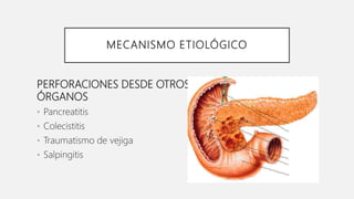 MECANISMO ETIOLÓGICO
PERFORACIONES DESDE OTROS
ÓRGANOS
• Pancreatitis
• Colecistitis
• Traumatismo de vejiga
• Salpingitis
 