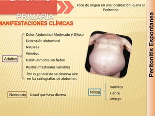 Foco de origen en una localización lejana al
Peritoneo
Peritonitis
Espontanea
Dolor Abdominal Moderado y Difuso
Niños
Vómitos
Fiebre
Letargo
Neonatos Usual que haya diarrea
Ruidos intestinales variables
Por lo general no se observa aire
en las radiografías de abdomen.
Distensión abdominal
Nauseas
Habitualmente sin fiebre
Adultos
Vómitos
PERTONITIS
PRIMARIA
 