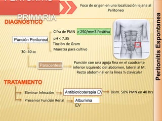 Foco de origen en una localización lejana al
Peritoneo
Peritonitis
Espontanea
Punción Peritoneal
Cifra de PMN
pH < 7.35
Tinción de Gram
Muestra para cultivo
> 250/mm3 Positiva
30- 40 cc
Paracentesis
Punción con una aguja fina en el cuadrante
inferior izquierdo del abdomen, lateral al M.
Recto abdominal en la linea ½ clavicular
Antibioticoterapia EV
Eliminar Infección
Preservar Función Renal Albumina
EV
Dism. 50% PMN en 48 hrs
PERTONITIS
PRIMARIA
 