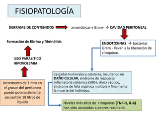 FISIOPATOLOGÍA
cascadas humorales y celulares, resultando en
DAÑO CELULAR, síndrome de respuesta
inflamatoria sistémica (SIRS), shock séptico,
síndrome de falla orgánica múltiple y finalmente
la muerte del individuo.
DERRAME DE CONTENIDOS anaeróbicas y Gram-  CAVIDAD PERITONEAL
ENDOTOXINAS  bacterias
Gram - llevan a la liberación de
citoquinas
Niveles más altos de citoquinas (TNF-α, IL-6)
han sido asociados a peores resultado
Incremento de 1 mm en
el grosor del peritoneo
puede potencialmente
secuestrar 18 litros de
líquido
ILEO PARALITICO
HIPOVOLEMIA
Formación de fibrina y fibrinólisis
 
