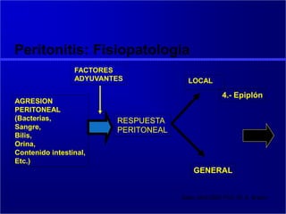 Peritonitis: Fisiopatologia
Salta, abril 2002 Prof. Dr. A. Brahin
AGRESION
PERITONEAL
(Bacterias,
Sangre,
Bilis,
Orina,
Contenido intestinal,
Etc.)
FACTORES
ADYUVANTES
RESPUESTA
PERITONEAL
LOCAL
GENERAL
4.- Epiplón
 
