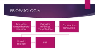 FISIOPATOLOGIA
Bacterias
cruzan barrera
intestinal
Ganglios
linfáticos
mesentericos
Circulacion
sanguínea
Liquido
ascítico
PBE
 