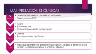MANIFESTACIONES CLINICAS
abdominales
• Distensión abdominal, dolor difuso y continuo
• Disminucion de RHA
sistemicos
• Fiebre
• Encefalopatia
• Empeoramiento de la función renal
digestivos
• Diarrea
• Ileo, hipotensión, hipotermia
10 – 20%
• Algunos pacientes solo presentan leucocitosis. Acidosis o deterioro de la
función renal (asintomáticos o síntomas atípicos)
 