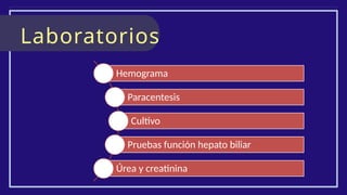 Laboratorios
Hemograma
Paracentesis
Cultivo
Pruebas función hepato biliar
Úrea y creatinina
 