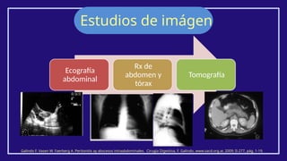 Estudios de imágen
Galindo F. Vasen W. Faerberg A. Peritonitis ay abscesos intraabdominales. Cirugía Digestiva, F. Galindo, www.sacd.org.ar, 2009; II-277, pág. 1-19.
Ecografía
abdominal
Rx de
abdomen y
tórax
Tomografía
 