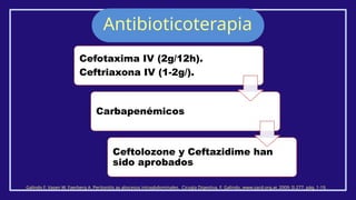 Antibioticoterapia
Galindo F. Vasen W. Faerberg A. Peritonitis ay abscesos intraabdominales. Cirugía Digestiva, F. Galindo, www.sacd.org.ar, 2009; II-277, pág. 1-19.
Cefotaxima IV (2g/12h).
Ceftriaxona IV (1-2g/).
Carbapenémicos
Ceftolozone y Ceftazidime han
sido aprobados
 