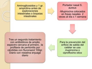 Aminoglicosidos y 1 gr.
ampicilina antes de
exploraciones
intestinales o biopsias
intestinales
Portador nasal S.
aureus
-Mupirocina colocados
en fosas nasales 2
veces al día x 1 semana
Para la prevención del
orificio de salida del
catéter se usa
mupirocina o
ciprofloxino otico
Tras un segundo tratamiento
con antibióticos de amplio
espectro cercana al primero , la
profilaxis de peritonitis por
cándidas con fluconazol 100gr.
Diario con nistatina enjuage
diario
 