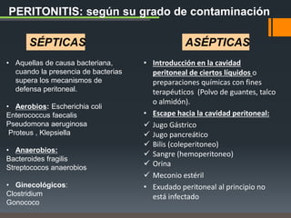 • Aquellas de causa bacteriana,
cuando la presencia de bacterias
supera los mecanismos de
defensa peritoneal.
• Aerobios: Escherichia coli
Enterococcus faecalis
Pseudomona aeruginosa
Proteus , Klepsiella
• Anaerobios:
Bacteroides fragilis
Streptococos anaerobios
• Ginecológicos:
Clostridium
Gonococo
PERITONITIS: según su grado de contaminación
• Introducción en la cavidad
peritoneal de ciertos líquidos o
preparaciones químicas con fines
terapéuticos (Polvo de guantes, talco
o almidón).
• Escape hacia la cavidad peritoneal:
 Jugo Gástrico
 Jugo pancreático
 Bilis (coleperitoneo)
 Sangre (hemoperitoneo)
 Orina
 Meconio estéril
• Exudado peritoneal al principio no
está infectado
SÉPTICAS ASÉPTICAS
 