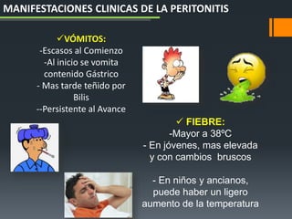 VÓMITOS:
-Escasos al Comienzo
-Al inicio se vomita
contenido Gástrico
- Mas tarde teñido por
Bilis
--Persistente al Avance
 FIEBRE:
-Mayor a 38ºC
- En jóvenes, mas elevada
y con cambios bruscos
- En niños y ancianos,
puede haber un ligero
aumento de la temperatura
MANIFESTACIONES CLINICAS DE LA PERITONITIS
 