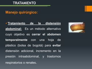 Manejo quirúrgico:
Tratamiento de la distensión
abdominal: Es un método alternativo
cuyo objetivo es cerrar el abdomen
temporalmente con una hoja de
plástico (bolsa de bogotá) para evitar
distensión adicional, incremento en la
presión intraabdominal, y trastornos
respiratorios o renales.
.
TRATAMIENTO
 