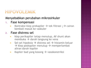Menyebabkan perubahan mikrosirkuler
1. Fase kompensasi


2.

Kontraksi klep prekapiler  tek filtrasi ↓ cairan
kembali masuk ke vaskuler

Fase distress sel





klep perikapiler tetap menutup, AV shunt akan
membuka  darah langsung ke vena
Sel-sel hipoksia  distress sel  histamin keluar
 klep poskapiler menutup  memperlambat
aliran darah kapiler
Kapiler bad yang kosong  vasokonstriksi

 