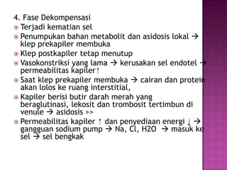4. Fase Dekompensasi
 Terjadi kematian sel
 Penumpukan bahan metabolit dan asidosis lokal 
klep prekapiler membuka
 Klep postkapiler tetap menutup
 Vasokonstriksi yang lama  kerusakan sel endotel 
permeabilitas kapiler ⁭
 Saat klep prekapiler membuka  cairan dan protein
akan lolos ke ruang interstitial,
 Kapiler berisi butir darah merah yang
beraglutinasi, lekosit dan trombosit tertimbun di
venule  asidosis >>
 Permeabilitas kapiler ⁭ dan penyediaan energi ↓ 
gangguan sodium pump  Na, Cl, H2O  masuk ke
sel  sel bengkak

 