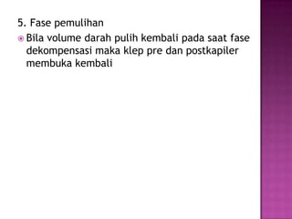 5. Fase pemulihan
 Bila volume darah pulih kembali pada saat fase
dekompensasi maka klep pre dan postkapiler
membuka kembali

 