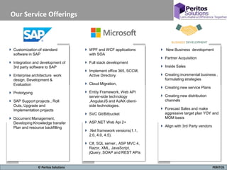 7 PERITOS© Peritos Solutions
Our Service Offerings
 Customization of standard
software in SAP
 Integration and development of
3rd party software to SAP
 Enterprise architecture work
design, Development &
Evaluation
 Prototyping
 SAP Support projects , Roll
Outs, Upgrade and
Implementation projects
 Document Management,
Developing Knowledge transfer
Plan and resource backfilling
 WPF and WCF applications
with SOA
 Full stack development
 Implement office 365, SCCM,
Active Directory
 Cloud Migration,
 Entity Framework, Web API
server-side technology
,AngularJS and AJAX client-
side technologies.
 SVC Git/Bitbucket
 ASP.NET Web Api 2+
 .Net framework versions(1.1,
2.0, 4.0, 4.5).
 C#, SQL server., ASP MVC 4,
Razor, XML, JavaScript,
jQuery, SOAP and REST APIs
 New Business development
 Partner Acquisition
 Inside Sales
 Creating incremental business ,
formulating strategies
 Creating new service Plans
 Creating new distribution
channels
 Forecast Sales and make
aggressive target plan YOY and
MOM basis
 Align with 3rd Party vendors
 
