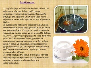 Διαδικασία
1. Σε μπέιν μαρί λιώνουμε το κερί και το λάδι. Το
αφήνουμε μέχρι να λιώσει καλά το κερί
ανακατεύοντας κατά διαστήματα. Παράλληλα
βάζουμε στο τηγάνι το μπώλ με το νερό και το
αφήνουμε να ζεσταθεί αρκετά, να μην πάρει όμως
βράση.
2. Βγάζουμε το λάδι με το κερί από τη φωτιά και
ανακατεύουμε για να σιγουρευτούμε ότι τα υλικά
ομογενοποιήθηκαν. Ελέγχουμε την θερμοκρασία
των λαδιών και του νερού να είναι ίδια (47 βαθμοί
κελσίου). Στη συνέχεια ρίχνουμε το νερό σιγά-σιγά
μέσα στο λάδι ανακατεύοντας γρήγορα και
συνεχίζουμε να ανακατεύουμε στον ίδιο ρυθμό
μέχρι η κρέμα να κρυώσει αρκετά μπορείτε να
χρησιμοποιήσετε μπλέντερ χειρός. Προσθέτουμε
ροδόνερο και συνεχίζουμε το χτύπημα για να
ενσωματωθεί πλήρως.
3. Τέλος βάζουμε την κρέμα σ' ένα βάζο καθαρό
την αφήνουμε να κρυώσει εντελώς. Εννοείται ότι
όλα μας τα εργαλεία είναι καθαρά και
αποστειρωμένα.
 