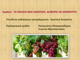 Ομάδα1: ΤΟ ΣΧΟΛΕΙΟ ΜΑΣ ΟΙΝΟΠΟΙΕΙ, ΑΕΙΦΟΡΕΙ ΚΑΙ ΔΗΜΙΟΥΡΓΕΙ
Υπεύθυνη καθηγήτρια προγράμματος: Αγγελική Κοσμάτου
Παιδαγωγική ομάδα: Παναγιώτης Μπαρμπαδήμος
Ευγενία Φραντζεσκάκη
 