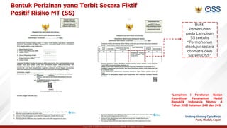 Copyright © 2021 Kementerian Investasi/BKPM. All rights reserved.
Bukti
Pemenuhan
pada Lampiran
SS tertulis
“Permohonan
disetujui secara
otomatis oleh
Sistem OSS”
*Lampiran I Peraturan Badan
Koordinasi Penanaman Modal
Republik Indonesia Nomor 4
Tahun 2021 halaman 248 dan 249
Bentuk Perizinan yang Terbit Secara Fiktif
Positif Risiko MT (SS)
 
