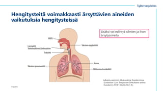 Hengitysteitä voimakkaasti ärsyttävien aineiden
vaikutuksia hengitysteissä
17.2.2023
Julkaistu aiemmin Aikakauskirja Duodecimissa
(Lindström I, ym. Ärsytyksen aiheuttama astma.
Duodecim 2014;130(20):2061–9.).
Lisäksi voi esiintyä silmien ja ihon
ärsytysoireita
 