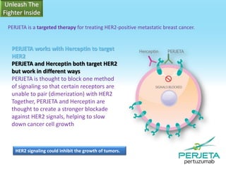PERJETA is a targeted therapy for treating HER2-positive metastatic breast cancer.

PERJETA works with Herceptin to target
HER2
PERJETA and Herceptin both target HER2
but work in different ways
PERJETA is thought to block one method
of signaling so that certain receptors are
unable to pair (dimerization) with HER2
Together, PERJETA and Herceptin are
thought to create a stronger blockade
against HER2 signals, helping to slow
down cancer cell growth

HER2 signaling could inhibit the growth of tumors.

 