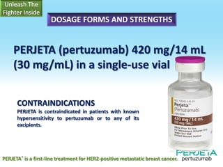 DOSAGE FORMS AND STRENGTHS

PERJETA (pertuzumab) 420 mg/14 mL
(30 mg/mL) in a single-use vial
CONTRAINDICATIONS
PERJETA is contraindicated in patients with known
hypersensitivity to pertuzumab or to any of its
excipients.

PERJETA® is a first-line treatment for HER2-positive metastatic breast cancer.

 