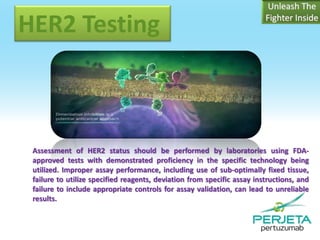 HER2 Testing

Assessment of HER2 status should be performed by laboratories using FDAapproved tests with demonstrated proficiency in the specific technology being
utilized. Improper assay performance, including use of sub-optimally fixed tissue,
failure to utilize specified reagents, deviation from specific assay instructions, and
failure to include appropriate controls for assay validation, can lead to unreliable
results.

 