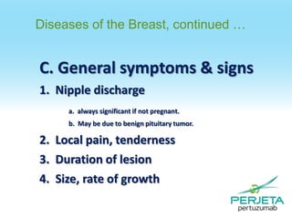 Diseases of the Breast, continued …

C. General symptoms & signs
1. Nipple discharge
a. always significant if not pregnant.

b. May be due to benign pituitary tumor.

2. Local pain, tenderness
3. Duration of lesion
4. Size, rate of growth

 