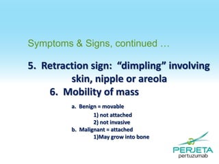 Symptoms & Signs, continued …

5. Retraction sign: “dimpling” involving
skin, nipple or areola
6. Mobility of mass
a. Benign = movable
1) not attached
2) not invasive
b. Malignant = attached
1)May grow into bone

 