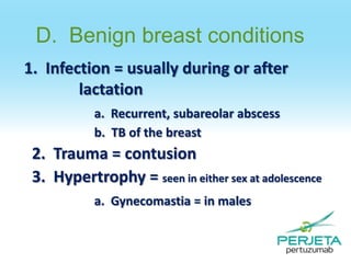 D. Benign breast conditions
1. Infection = usually during or after
lactation
a. Recurrent, subareolar abscess
b. TB of the breast

2. Trauma = contusion
3. Hypertrophy = seen in either sex at adolescence
a. Gynecomastia = in males

 