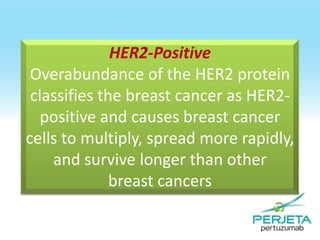 HER2-Positive
Overabundance of the HER2 protein
classifies the breast cancer as HER2positive and causes breast cancer
cells to multiply, spread more rapidly,
and survive longer than other
breast cancers

 