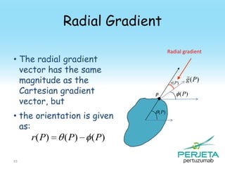 Radial Gradient
• The radial gradient
vector has the same
magnitude as the
Cartesian gradient
vector, but
• the orientation is given
as:

r ( P)
93

( P)

( P)

Radial gradient

r(P)


g (P )
(P)

P
(P)

 
