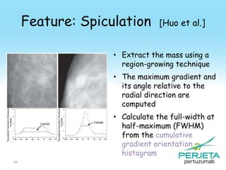 Feature: Spiculation

[Huo et al.]

• Extract the mass using a
region-growing technique
• The maximum gradient and
its angle relative to the
radial direction are
computed
• Calculate the full-width at
half-maximum (FWHM)
from the cumulative
gradient orientation
histogram
94

 