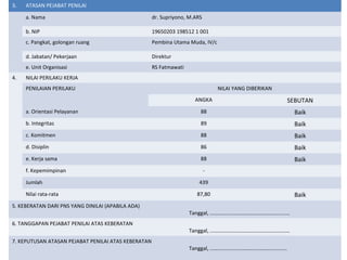 3. ATASAN PEJABAT PENILAI
a. Nama dr. Supriyono, M.ARS
b. NIP 19650203 198512 1 001
c. Pangkat, golongan ruang Pembina Utama Muda, IV/c
d. Jabatan/ Pekerjaan Direktur
e. Unit Organisasi RS Fatmawati
4. NILAI PERILAKU KERJA
PENILAIAN PERILAKU NILAI YANG DIBERIKAN
ANGKA SEBUTAN
a. Orientasi Pelayanan 88 Baik
b. Integritas 89 Baik
c. Komitmen 88 Baik
d. Disiplin 86 Baik
e. Kerja sama 88 Baik
f. Kepemimpinan -
Jumlah 439
Nilai rata-rata 87,80 Baik
5. KEBERATAN DARI PNS YANG DINILAI (APABILA ADA)
Tanggal, ……………………………………………………
6. TANGGAPAN PEJABAT PENILAI ATAS KEBERATAN
Tanggal, ……………………………………………………
7. KEPUTUSAN ATASAN PEJABAT PENILAI ATAS KEBERATAN
Tanggal, ………………………………………………….
 