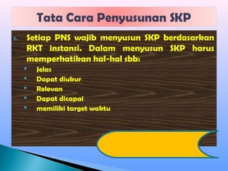 1. Setiap PNS wajib menyusun SKP berdasarkan
RKT instansi. Dalam menyusun SKP harus
memperhatikan hal-hal sbb:
 Jelas
 Dapat diukur
 Relevan
 Dapat dicapai
 memiliki target waktu
 