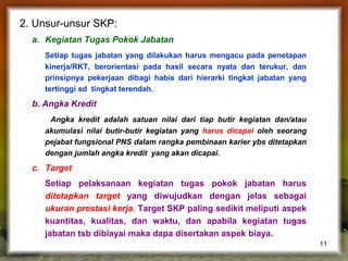 2. Unsur-unsur SKP:
a. Kegiatan Tugas Pokok Jabatan
Setiap tugas jabatan yang dilakukan harus mengacu pada penetapan
kinerja/RKT, berorientasi pada hasil secara nyata dan terukur, dan
prinsipnya pekerjaan dibagi habis dari hierarki tingkat jabatan yang
tertinggi sd tingkat terendah.

b. Angka Kredit
Angka kredit adalah satuan nilai dari tiap butir kegiatan dan/atau
akumulasi nilai butir-butir kegiatan yang harus dicapai oleh seorang
pejabat fungsional PNS dalam rangka pembinaan karier ybs ditetapkan
dengan jumlah angka kredit yang akan dicapai.

c. Target
Setiap pelaksanaan kegiatan tugas pokok jabatan harus
ditetapkan target yang diwujudkan dengan jelas sebagai
ukuran prestasi kerja. Target SKP paling sedikit meliputi aspek
kuantitas, kualitas, dan waktu, dan apabila kegiatan tugas
jabatan tsb dibiayai maka dapa disertakan aspek biaya.
11

 