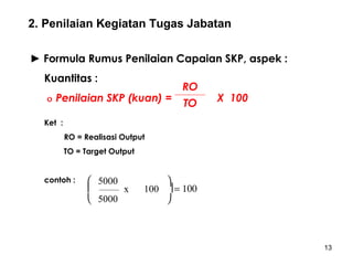 2. Penilaian Kegiatan Tugas Jabatan
► Formula Rumus Penilaian Capaian SKP, aspek :
Kuantitas :
ο

Penilaian SKP (kuan) =

RO
TO

X 100

Ket :
RO = Realisasi Output
TO = Target Output
contoh :

 5000

x
 5000


100  = 100


13

 