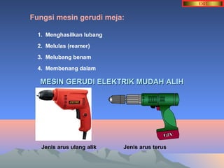 Fungsi mesin gerudi meja: 
1. Menghasilkan lubang 
2. Melulas (reamer) 
3. Melubang benam 
4. Membenang dalam 
MESIN GERUDI EELLEEKKTTRRIIKK MMUUDDAAHH AALLIIHH 
Jenis arus ulang alik Jenis arus terus 
 